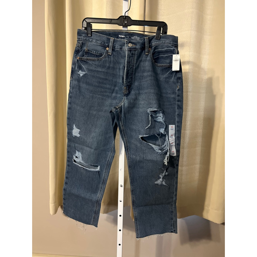 Women's Old Navy Blue Distressed High-Rise Slouchy Straight Crop Jeans Size 12